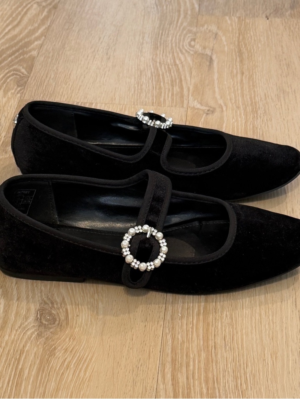 Juicy Couture Black Velvet Mary Jane Flats with Pearl Buckle